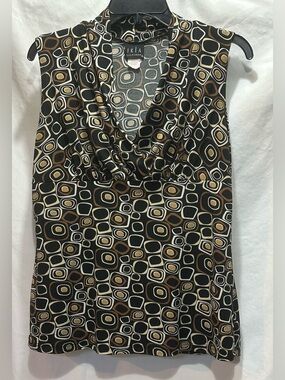 JKLA Sleeveless Cowl Neck in Black with Brown & Cream Geo Print.